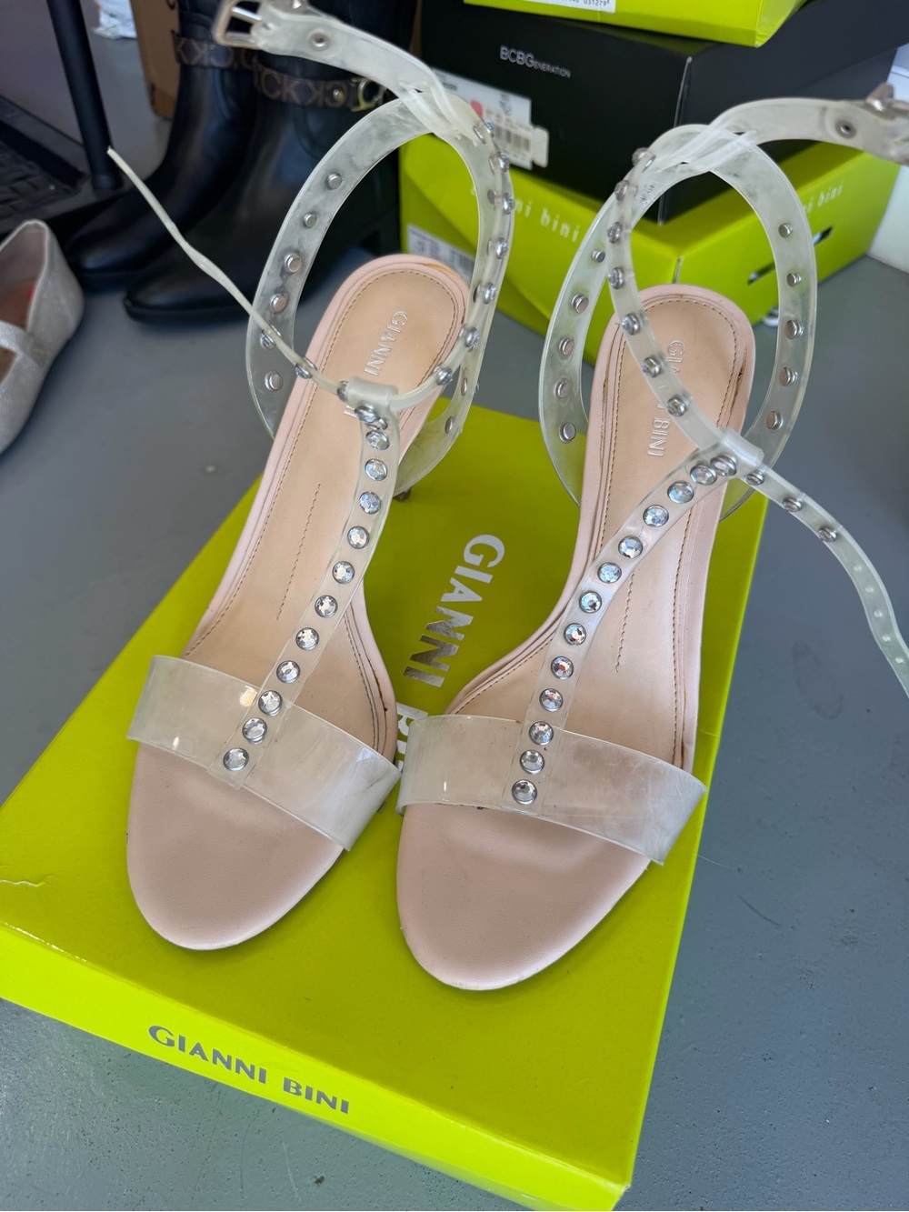 Gianni Bini Pink Blush Clear Strap Studded Heels